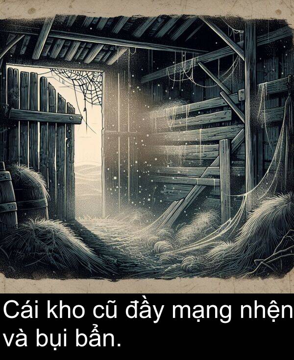 đầy: Cái kho cũ đầy mạng nhện và bụi bẩn.