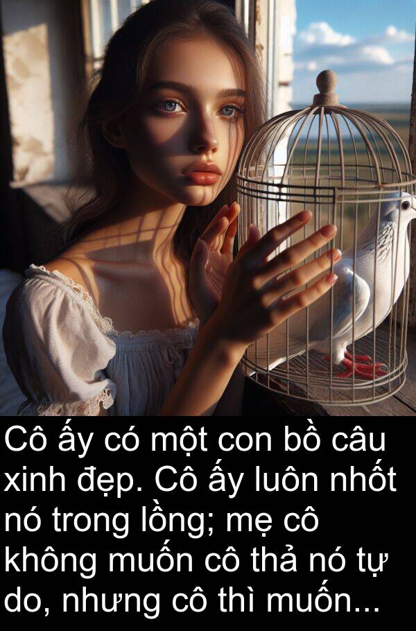 lồng: Cô ấy có một con bồ câu xinh đẹp. Cô ấy luôn nhốt nó trong lồng; mẹ cô không muốn cô thả nó tự do, nhưng cô thì muốn...