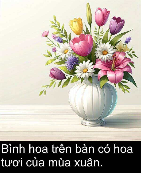xuân: Bình hoa trên bàn có hoa tươi của mùa xuân.