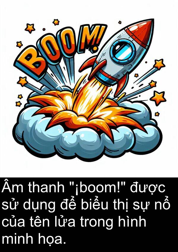 lửa: Âm thanh "¡boom!" được sử dụng để biểu thị sự nổ của tên lửa trong hình minh họa.