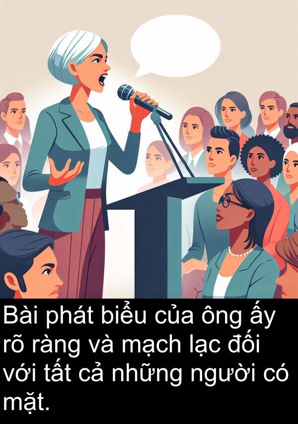 ràng: Bài phát biểu của ông ấy rõ ràng và mạch lạc đối với tất cả những người có mặt.