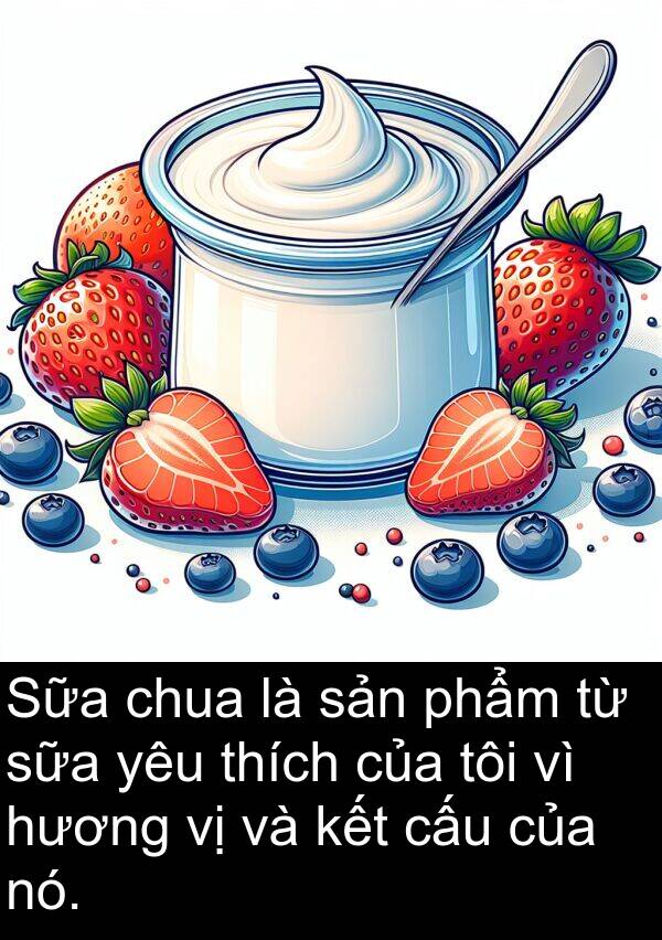 cấu: Sữa chua là sản phẩm từ sữa yêu thích của tôi vì hương vị và kết cấu của nó.