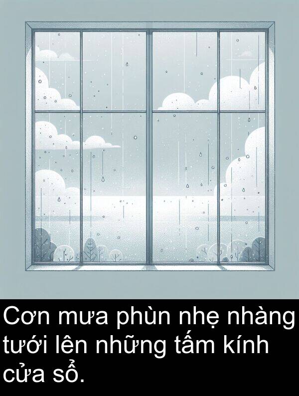 sổ: Cơn mưa phùn nhẹ nhàng tưới lên những tấm kính cửa sổ.