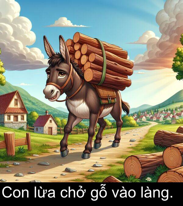 làng: Con lừa chở gỗ vào làng.