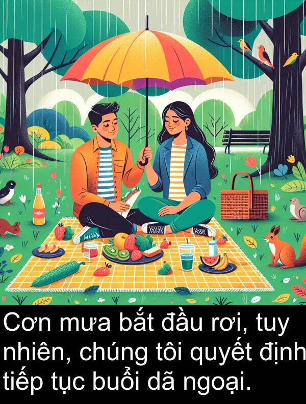 tuy: Cơn mưa bắt đầu rơi, tuy nhiên, chúng tôi quyết định tiếp tục buổi dã ngoại.