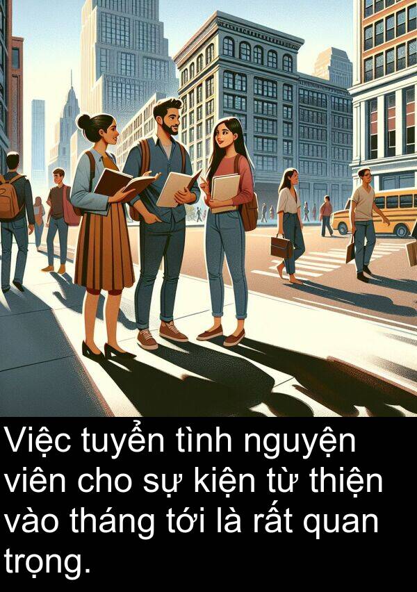 tháng: Việc tuyển tình nguyện viên cho sự kiện từ thiện vào tháng tới là rất quan trọng.