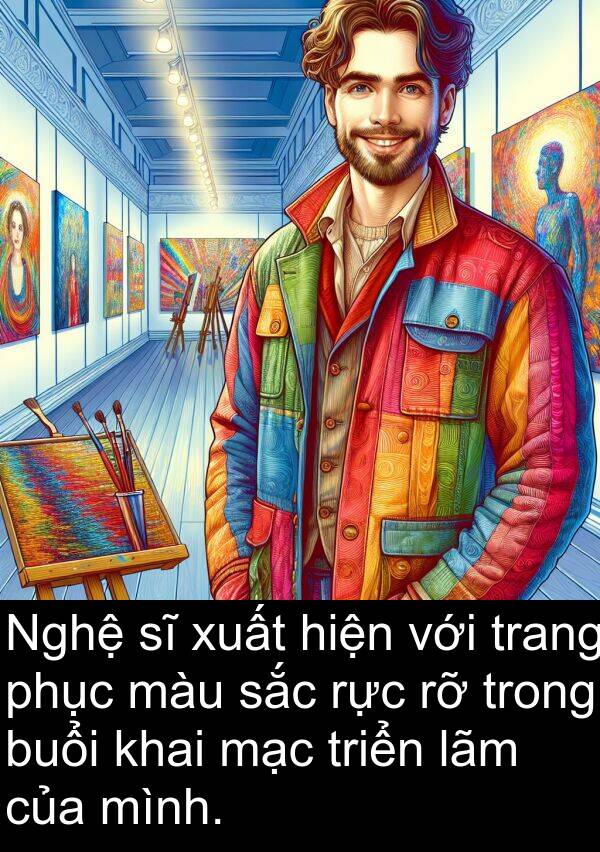 rực: Nghệ sĩ xuất hiện với trang phục màu sắc rực rỡ trong buổi khai mạc triển lãm của mình.
