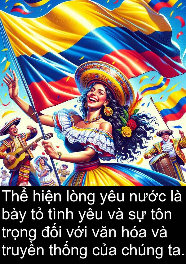 bày: Thể hiện lòng yêu nước là bày tỏ tình yêu và sự tôn trọng đối với văn hóa và truyền thống của chúng ta.
