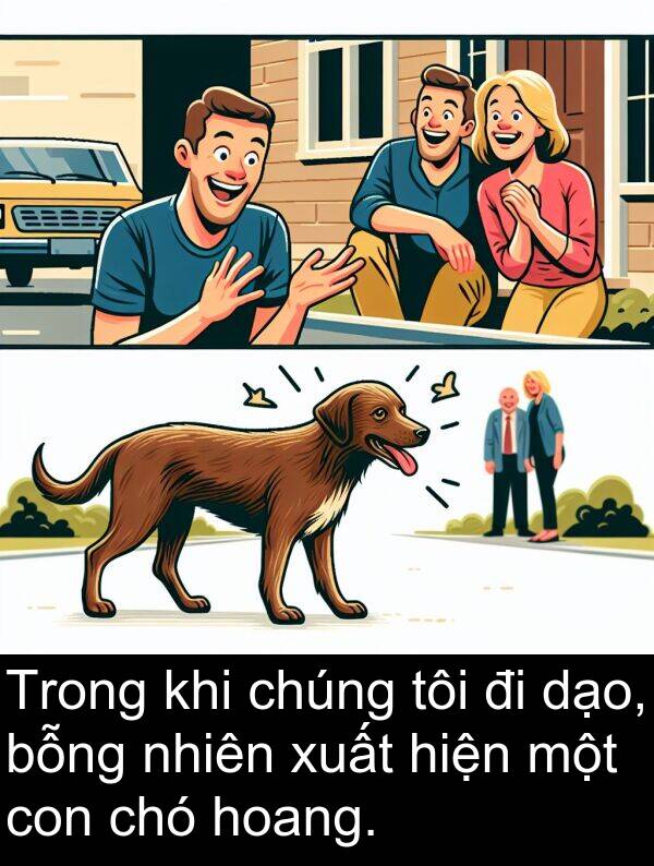 nhiên: Trong khi chúng tôi đi dạo, bỗng nhiên xuất hiện một con chó hoang.