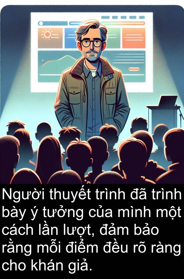 bày: Người thuyết trình đã trình bày ý tưởng của mình một cách lần lượt, đảm bảo rằng mỗi điểm đều rõ ràng cho khán giả.