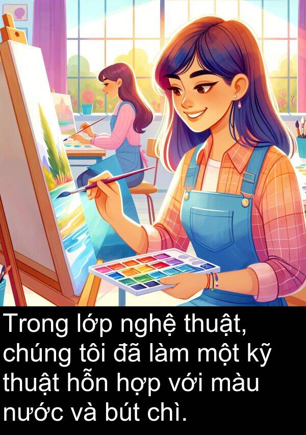 chì: Trong lớp nghệ thuật, chúng tôi đã làm một kỹ thuật hỗn hợp với màu nước và bút chì.