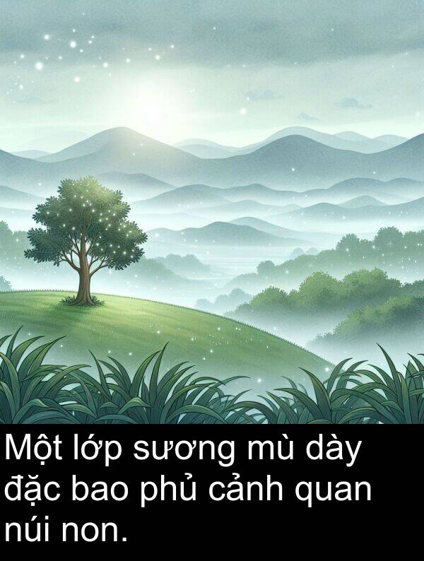 lớp: Một lớp sương mù dày đặc bao phủ cảnh quan núi non.