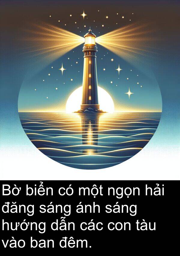 đăng: Bờ biển có một ngọn hải đăng sáng ánh sáng hướng dẫn các con tàu vào ban đêm.