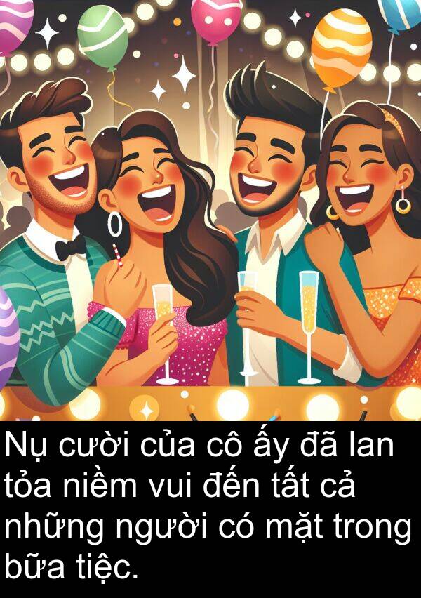 bữa: Nụ cười của cô ấy đã lan tỏa niềm vui đến tất cả những người có mặt trong bữa tiệc.