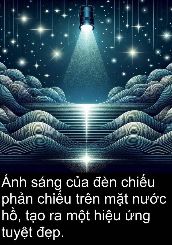 ứng: Ánh sáng của đèn chiếu phản chiếu trên mặt nước hồ, tạo ra một hiệu ứng tuyệt đẹp.