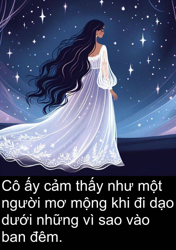 mộng: Cô ấy cảm thấy như một người mơ mộng khi đi dạo dưới những vì sao vào ban đêm.