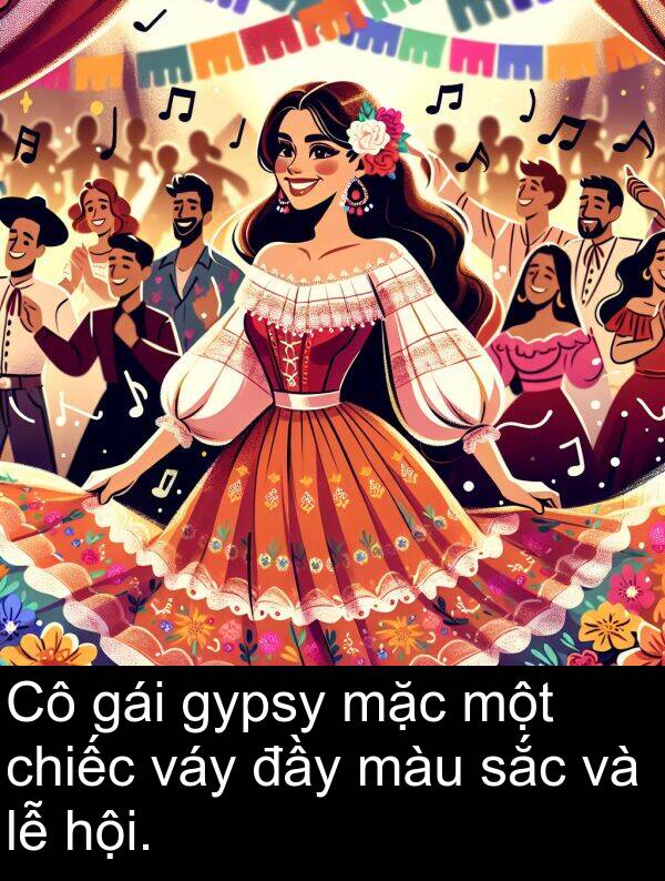 đầy: Cô gái gypsy mặc một chiếc váy đầy màu sắc và lễ hội.