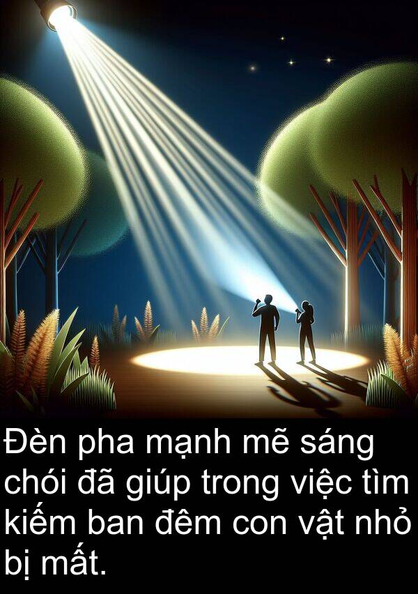 chói: Đèn pha mạnh mẽ sáng chói đã giúp trong việc tìm kiếm ban đêm con vật nhỏ bị mất.