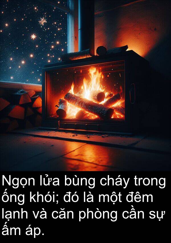 lửa: Ngọn lửa bùng cháy trong ống khói; đó là một đêm lạnh và căn phòng cần sự ấm áp.