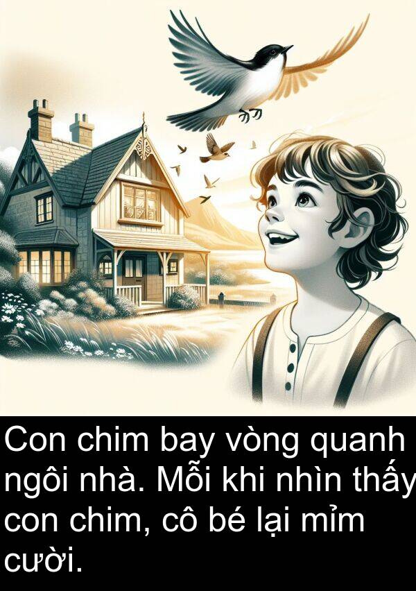 mỉm: Con chim bay vòng quanh ngôi nhà. Mỗi khi nhìn thấy con chim, cô bé lại mỉm cười.
