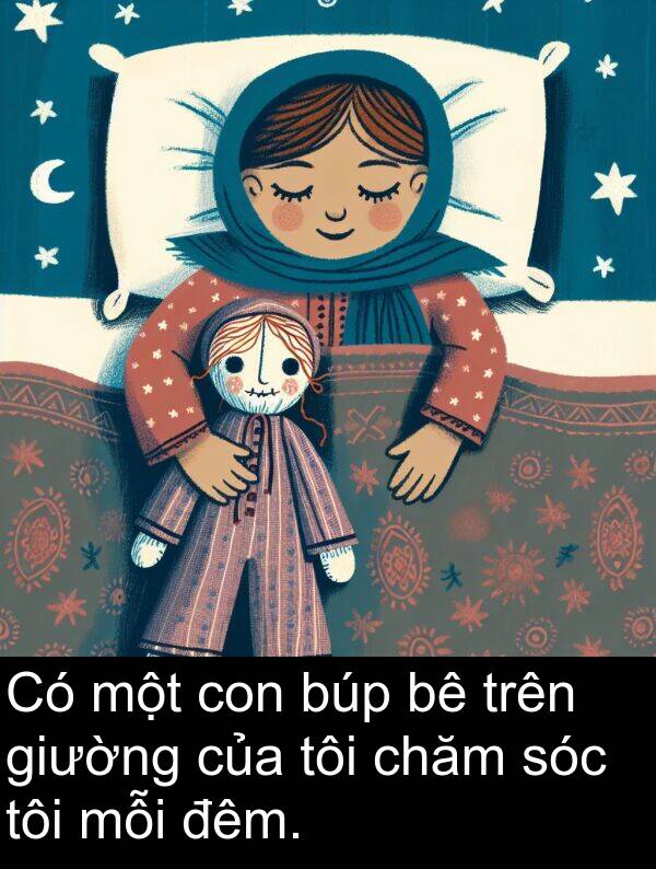 đêm: Có một con búp bê trên giường của tôi chăm sóc tôi mỗi đêm.