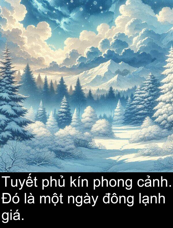 đông: Tuyết phủ kín phong cảnh. Đó là một ngày đông lạnh giá.