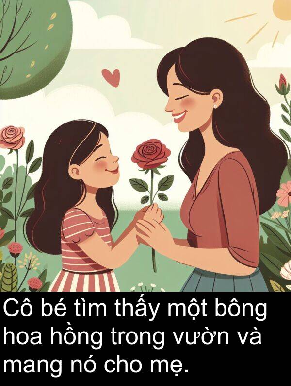 bông: Cô bé tìm thấy một bông hoa hồng trong vườn và mang nó cho mẹ.