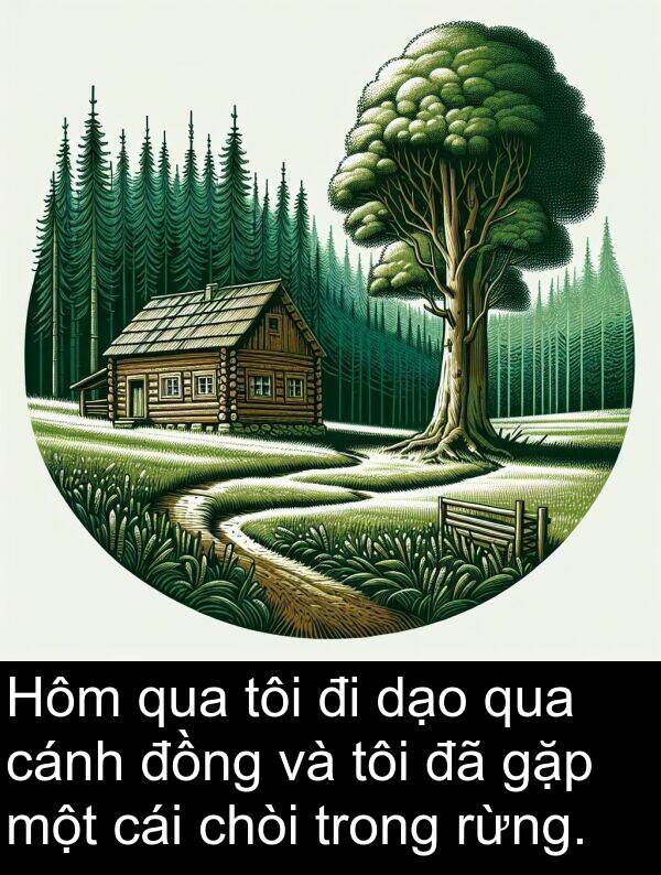 gặp: Hôm qua tôi đi dạo qua cánh đồng và tôi đã gặp một cái chòi trong rừng.