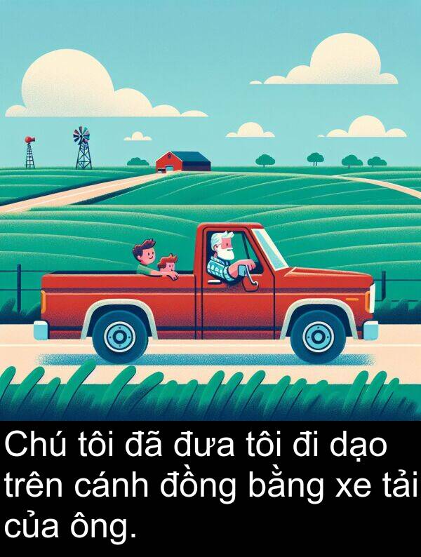 đưa: Chú tôi đã đưa tôi đi dạo trên cánh đồng bằng xe tải của ông.