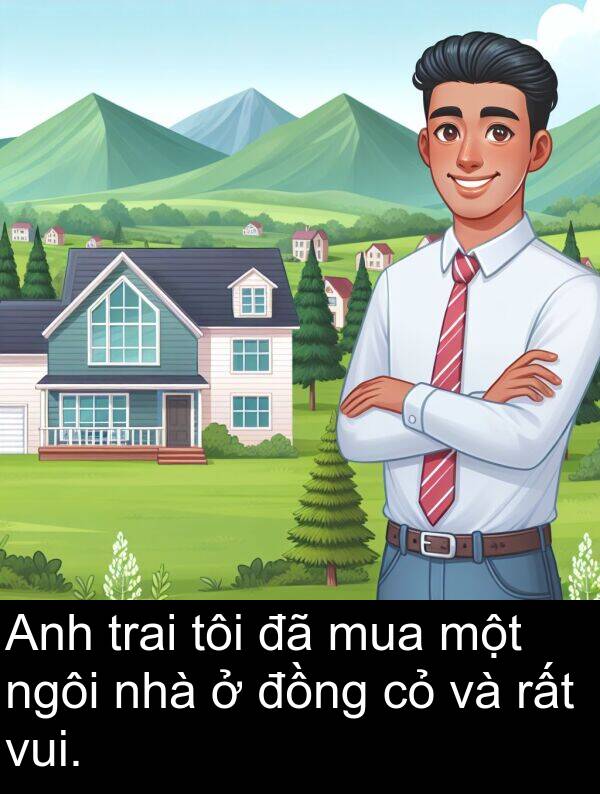 vui: Anh trai tôi đã mua một ngôi nhà ở đồng cỏ và rất vui.