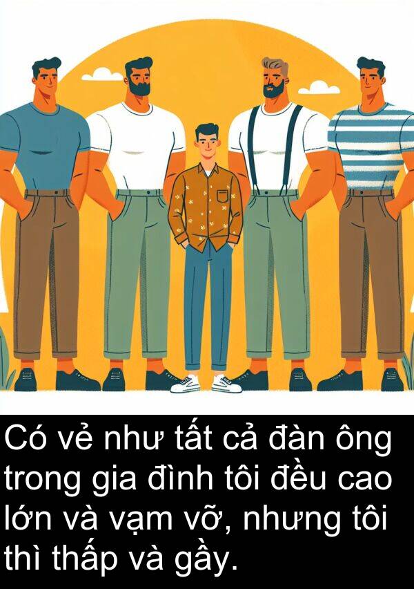 thấp: Có vẻ như tất cả đàn ông trong gia đình tôi đều cao lớn và vạm vỡ, nhưng tôi thì thấp và gầy.