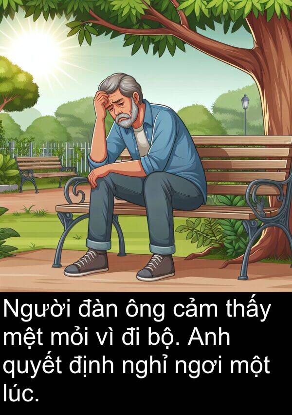 đàn: Người đàn ông cảm thấy mệt mỏi vì đi bộ. Anh quyết định nghỉ ngơi một lúc.