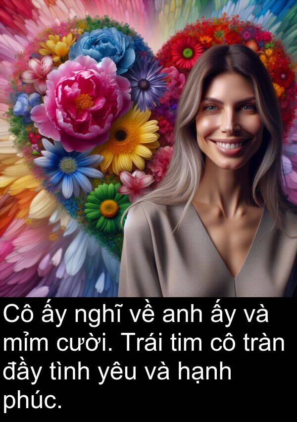 hạnh: Cô ấy nghĩ về anh ấy và mỉm cười. Trái tim cô tràn đầy tình yêu và hạnh phúc.