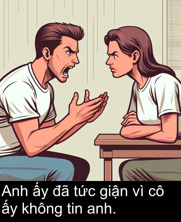 giận: Anh ấy đã tức giận vì cô ấy không tin anh.