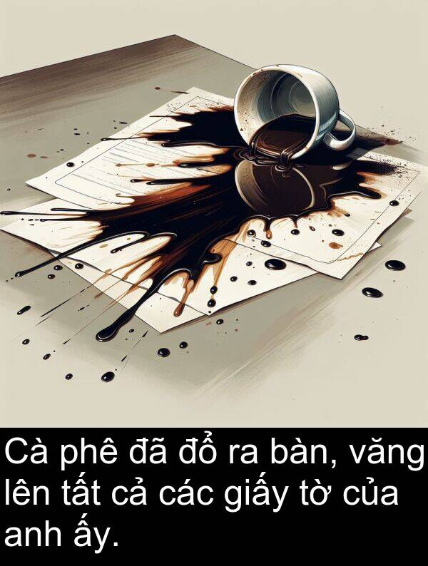 văng: Cà phê đã đổ ra bàn, văng lên tất cả các giấy tờ của anh ấy.