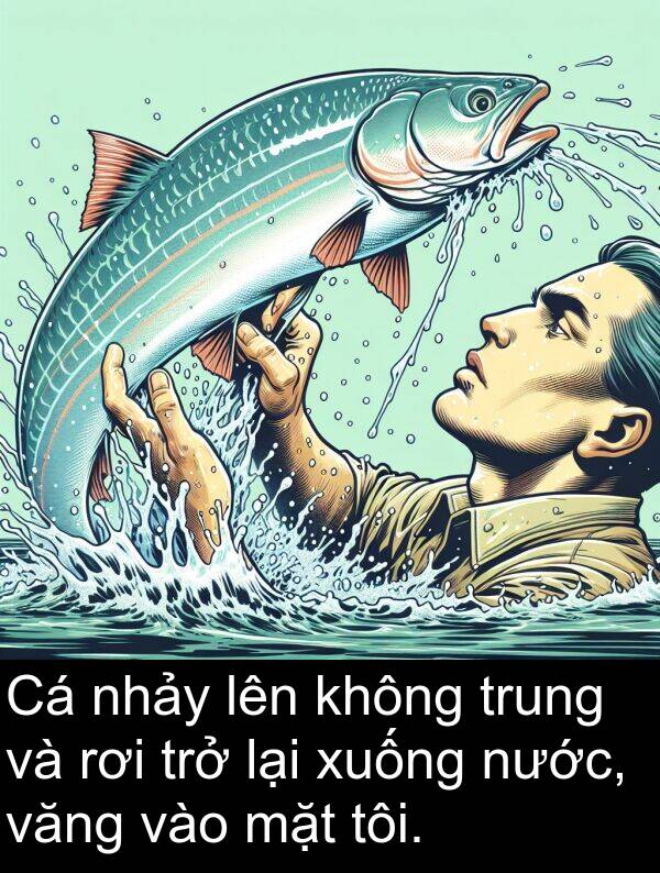 văng: Cá nhảy lên không trung và rơi trở lại xuống nước, văng vào mặt tôi.