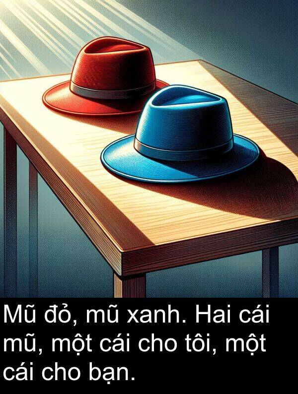 đỏ: Mũ đỏ, mũ xanh. Hai cái mũ, một cái cho tôi, một cái cho bạn.
