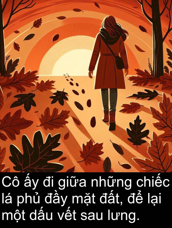 vết: Cô ấy đi giữa những chiếc lá phủ đầy mặt đất, để lại một dấu vết sau lưng.