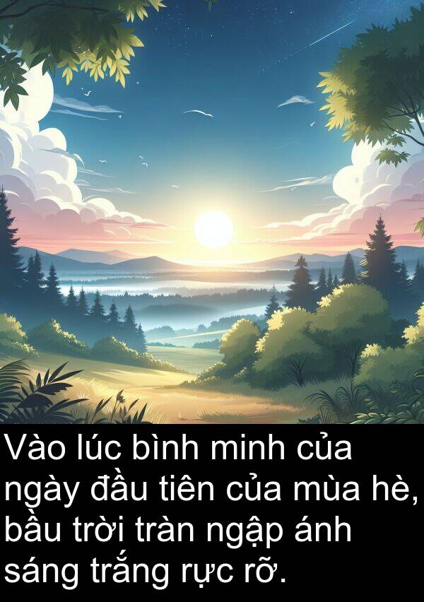 tràn: Vào lúc bình minh của ngày đầu tiên của mùa hè, bầu trời tràn ngập ánh sáng trắng rực rỡ.