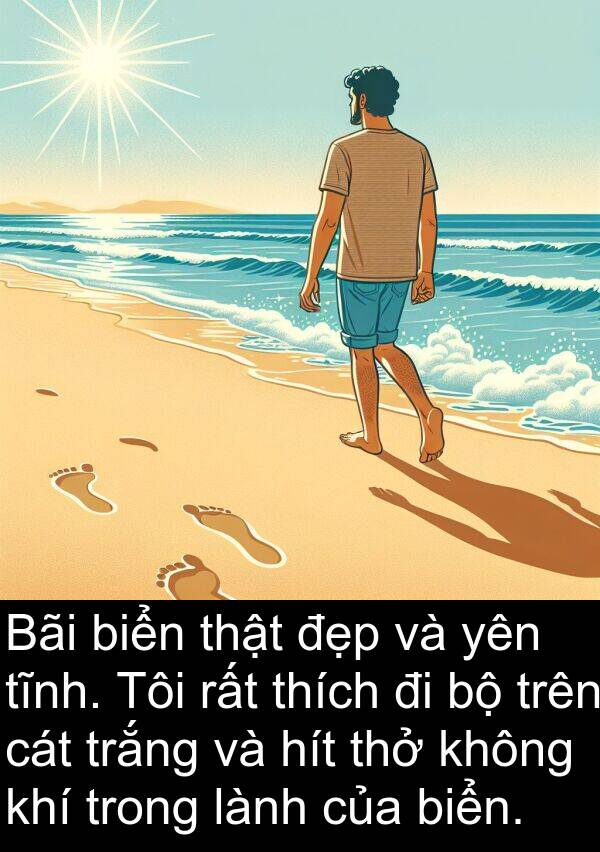 cát: Bãi biển thật đẹp và yên tĩnh. Tôi rất thích đi bộ trên cát trắng và hít thở không khí trong lành của biển.