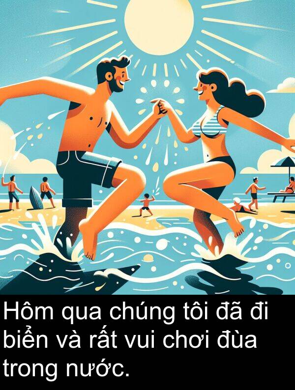 đùa: Hôm qua chúng tôi đã đi biển và rất vui chơi đùa trong nước.
