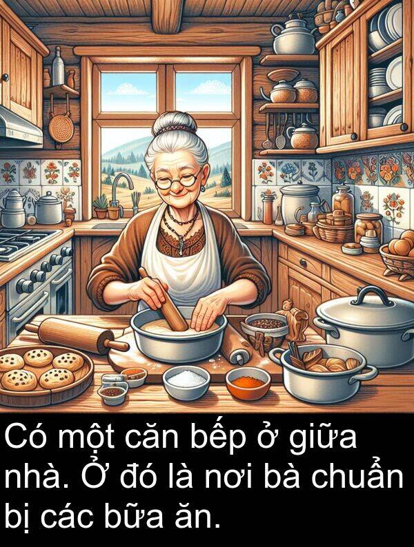 bữa: Có một căn bếp ở giữa nhà. Ở đó là nơi bà chuẩn bị các bữa ăn.