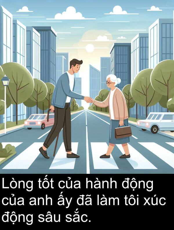 xúc: Lòng tốt của hành động của anh ấy đã làm tôi xúc động sâu sắc.