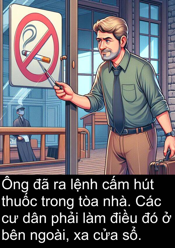 sổ: Ông đã ra lệnh cấm hút thuốc trong tòa nhà. Các cư dân phải làm điều đó ở bên ngoài, xa cửa sổ.