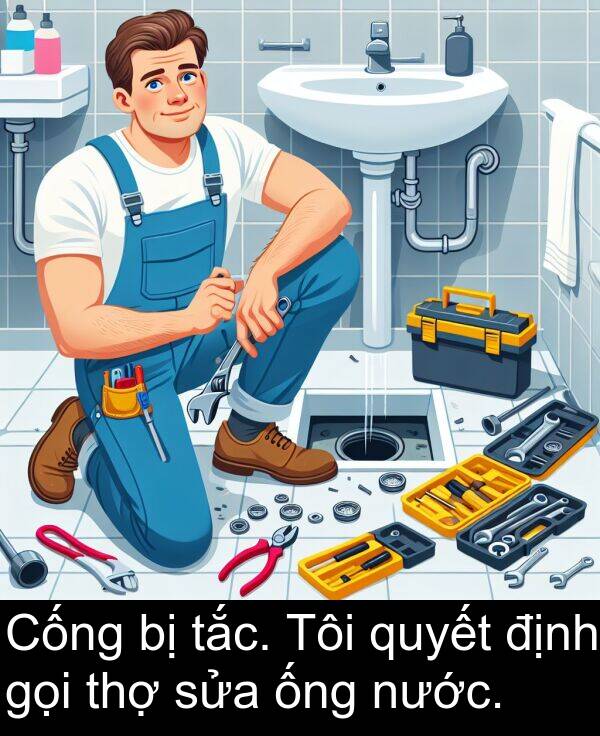 định: Cống bị tắc. Tôi quyết định gọi thợ sửa ống nước.