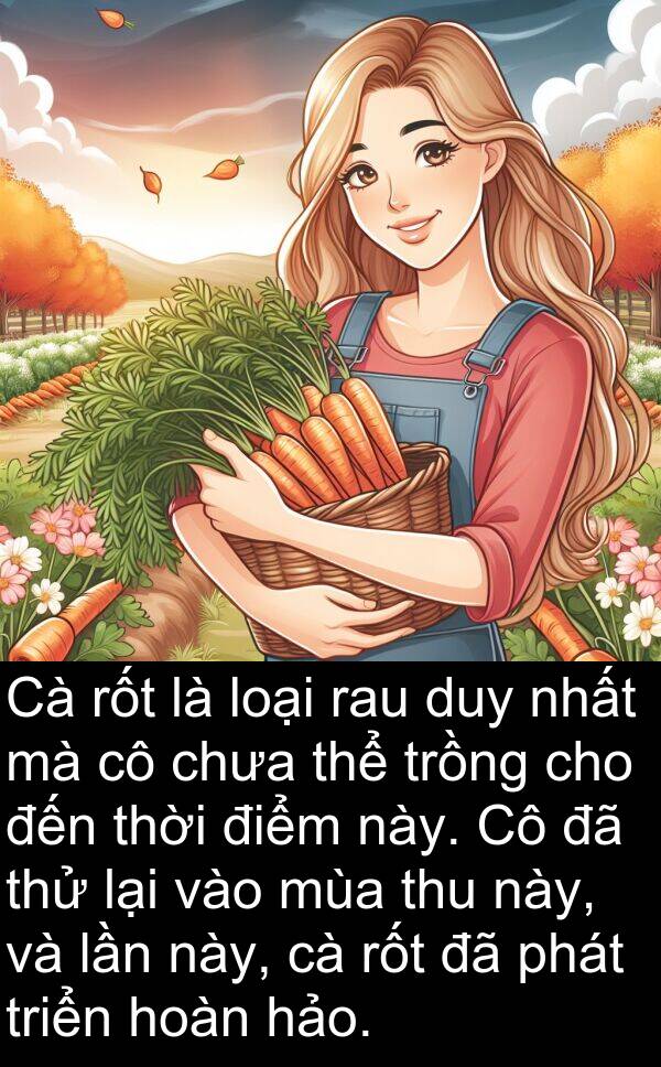 lần: Cà rốt là loại rau duy nhất mà cô chưa thể trồng cho đến thời điểm này. Cô đã thử lại vào mùa thu này, và lần này, cà rốt đã phát triển hoàn hảo.