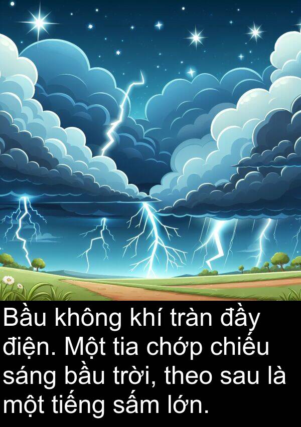 điện: Bầu không khí tràn đầy điện. Một tia chớp chiếu sáng bầu trời, theo sau là một tiếng sấm lớn.