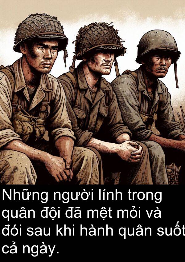 đói: Những người lính trong quân đội đã mệt mỏi và đói sau khi hành quân suốt cả ngày.
