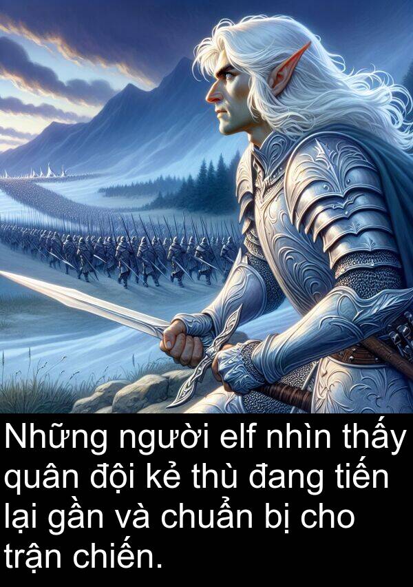 tiến: Những người elf nhìn thấy quân đội kẻ thù đang tiến lại gần và chuẩn bị cho trận chiến.