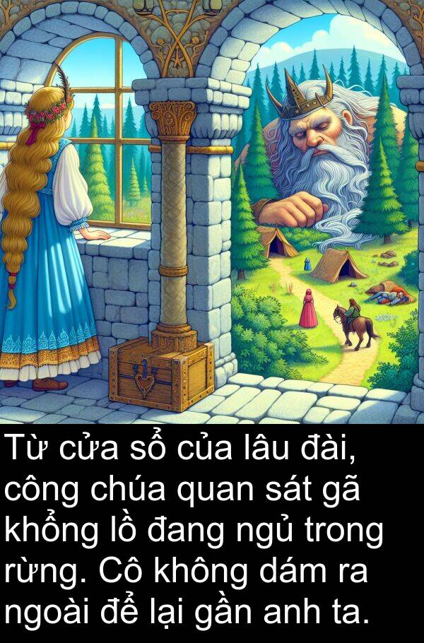 đài: Từ cửa sổ của lâu đài, công chúa quan sát gã khổng lồ đang ngủ trong rừng. Cô không dám ra ngoài để lại gần anh ta.
